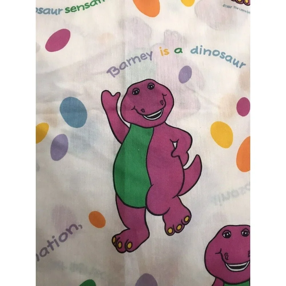 Vintage 1992 Barney Dinosaur Toddler Lot Two Bed Sheet Flat USA Made 90's